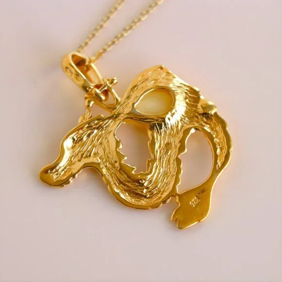 Gold Amber Chinese Dragon Pendant Necklace - Sterling Silver - Picture 4 of 6